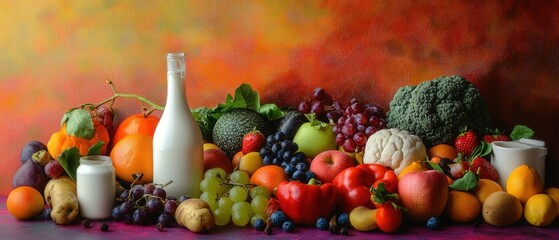 fresh fruits and vegetables with dairy products on a colorful background