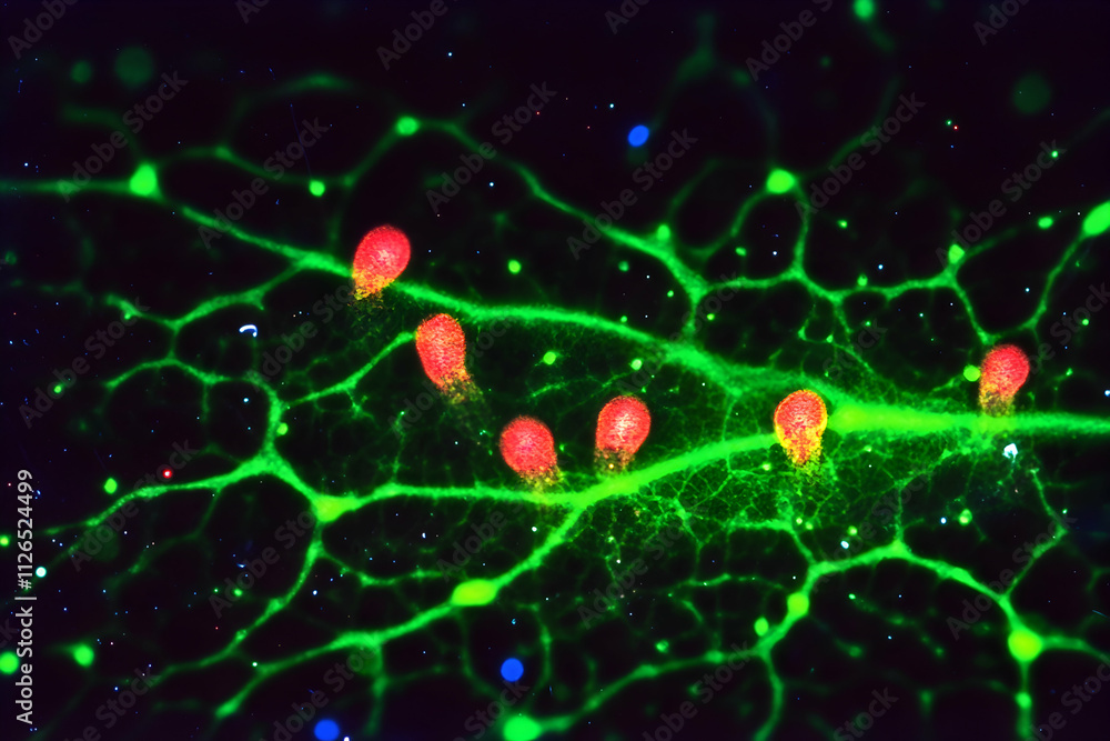 Poster microscopic view of vibrant green and red cells, possibly neurons, interconnected in a complex netwo