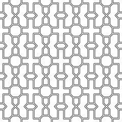 Seamless black and white geometric patterns with thin lines form a regular and symmetrical arrangement, consisting of simple octagon-like shapes. Suitable for various creative projects.