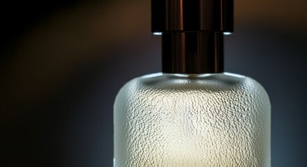 Close-Up of Frosted Glass Perfume Bottle: Delicate Texture and Light Diffusion on Moody Background