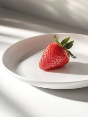 A single strawberry placed on a white plate, showcasing its vibrant color and texture.