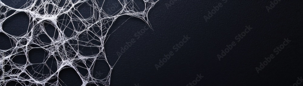 Poster a dark background features intricate white spider webs, creating a haunting and atmospheric effect i