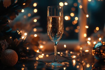 champagne glass with festive lights for celebration