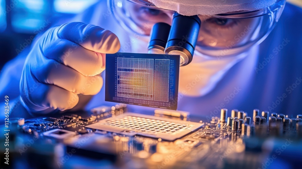 Aufkleber close-up of a scientist in a cleanroom suit examining microchip semiconductor quality under a micros