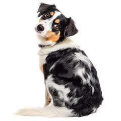 Adorable Border Collie mix sitting, tilting its head, and gazing with curiosity. This charming canine's unique markings, speckled coat, PNG image, Cutout, Isolated on white background