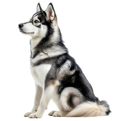Fototapeta premium Loyal Siberian Husky sitting elegantly, showcasing its captivating blue eyes and distinctive coat pattern in a poised posture, PNG image, Cutout, Isolated on white background