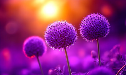 Vibrant purple allium flowers at sunset, showcasing the beauty of nature's colorful blooms.