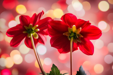 Two vibrant red dahlias viewed from below against a bokeh background of warm red and gold tones, showcasing their intricate details and elegant stems.