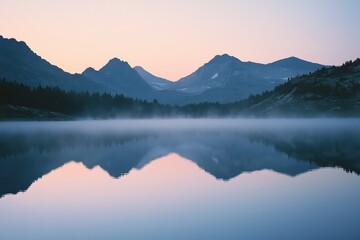 A serene sunrise at a mountain lake capturing the dawn's reflection tranquil landscape nature photography peaceful environment panoramic view of mountains and water