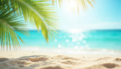 Obraz premium Tropical Sand With Blue Sea And Palm Leaves - Beach Summer Defocused Background With Glittering Of Sunlights