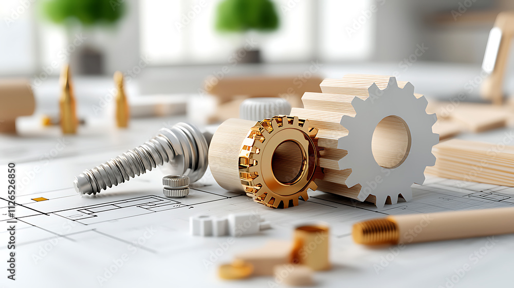 Poster engineering tools and components modern workshop 3d render bright environment close-up precision and