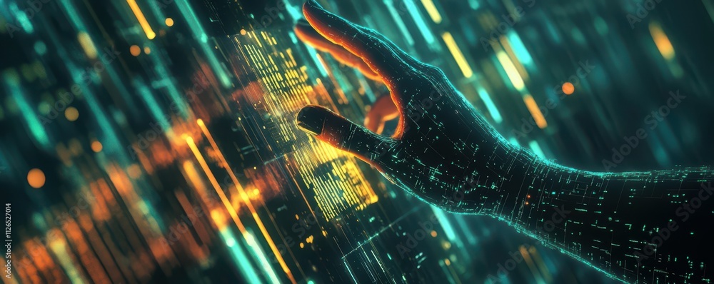 Poster digital hand reaches out to interact with glowing screen technology background