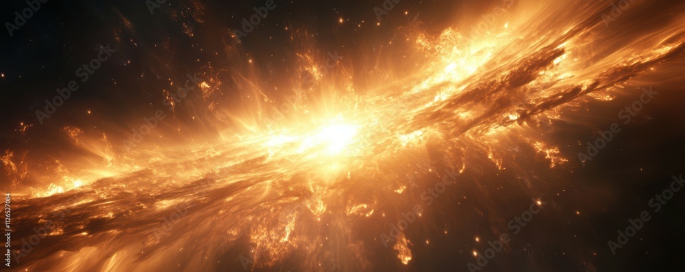 Poster closeup of the sun's surface with visible energy waves emanating from it towards earth. the backgrou