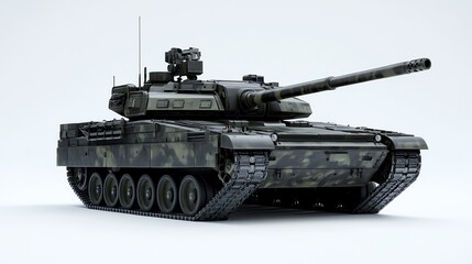 A modern military tank with camouflage paint.
