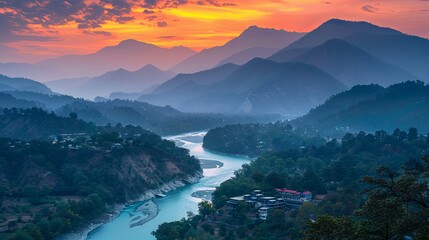 Serene Sunset over Himalayan River Valley with Village