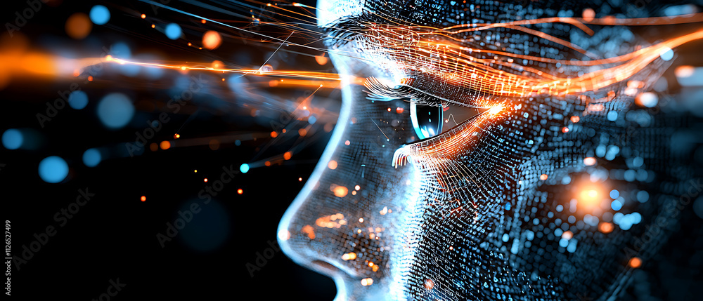 Poster exploring the intersection of artificial intelligence and human emotion in digital art virtual space