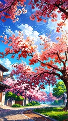 Vibrant cherry blossom trees line a serene pathway in a quaint Japanese village under a bright blue sky. anime style illustration