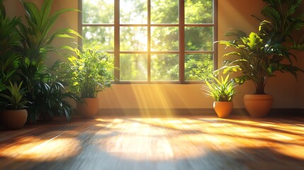 Fototapeta premium Sunlight streaming through a window, illuminating a room with houseplants. Concept of tranquility, nature, and home.