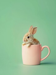 Fototapeta premium A charming rabbit peeking from a pastel pink cup, evoking feelings of warmth and cuteness in a minimalistic setting.