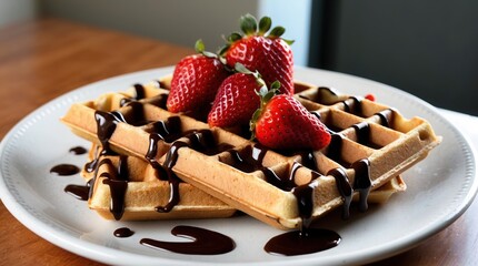 Delicious waffles topped with fresh strawberries and drizzled with chocolate sauce on a white plate. Perfect for breakfast or dessert.
