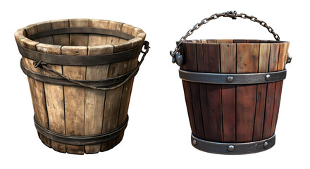 Naklejka premium Wooden buckets, a pair of rustic containers with metal bands and chains, evoking a sense of tradition and functionality in a still life composition, PNG image, Cutout, Isolated on white background