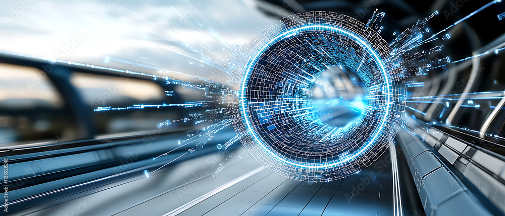 Poster futuristic data portal digital cityscape 3d visualization high-tech environment dynamic perspective 