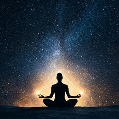 Silhouette meditating under a starry sky with glowing energy.