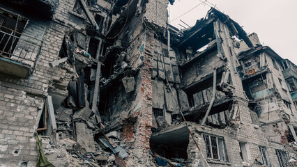 destroyed and burned houses in the city in Ukraine