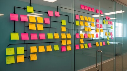 Flowchart of colorful sticky notes on glass wall, highlighting brainstorming and project management in a modern office. The bright colors enhance engagement and creativity.