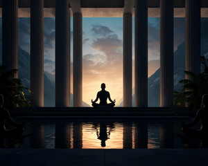 Silhouette of a person meditating at sunset in a grand architectural space with a reflective pool, symbolizing peace and focus.