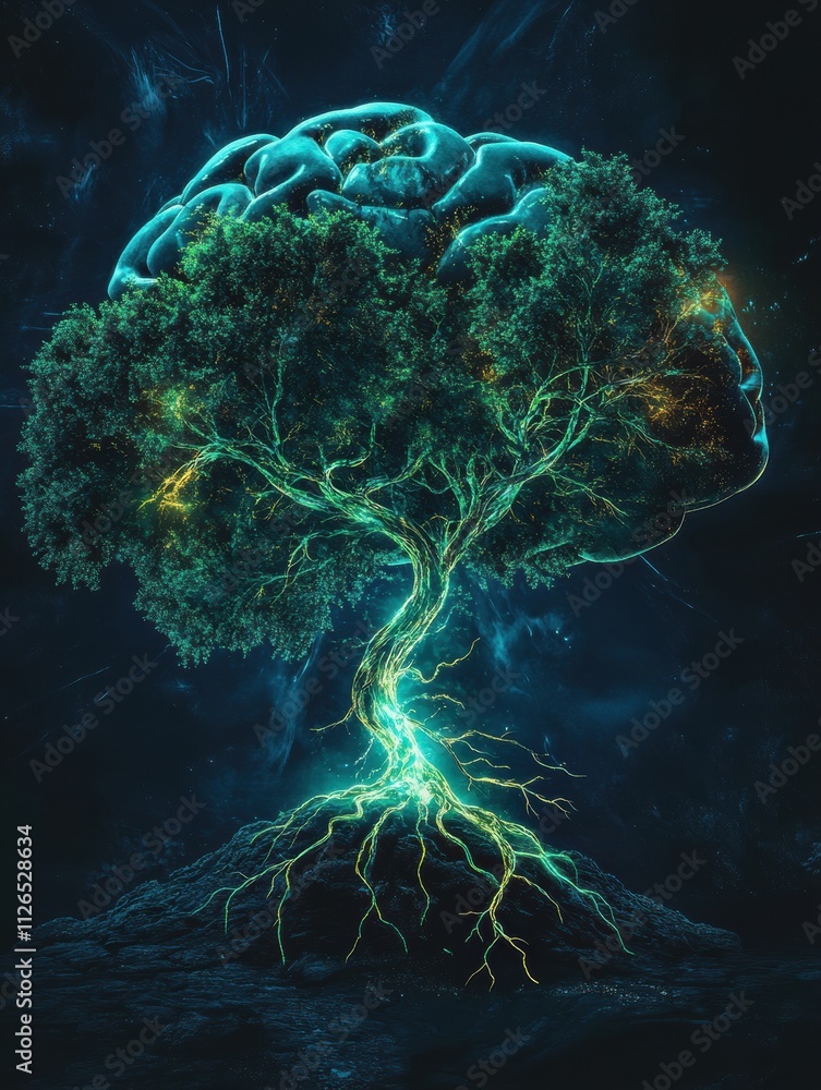 Fototapete a vibrant tree emerges from a brain, showcasing glowing neural branches and roots that symbolize wis