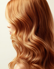 Naklejka premium A woman with a stunning long wavy hair in warm tones enhances natural beauty on a soft background.