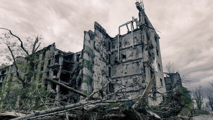 destroyed and burned houses in the city in Ukraine