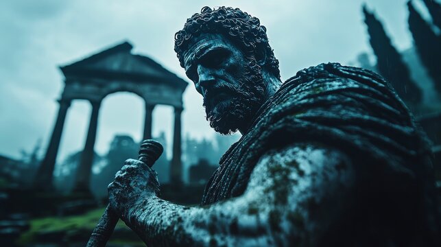 Majestic view of Marcus Aurelius standing with a marble staff amidst ancient moss-covered ruins and dramatic storm lighting