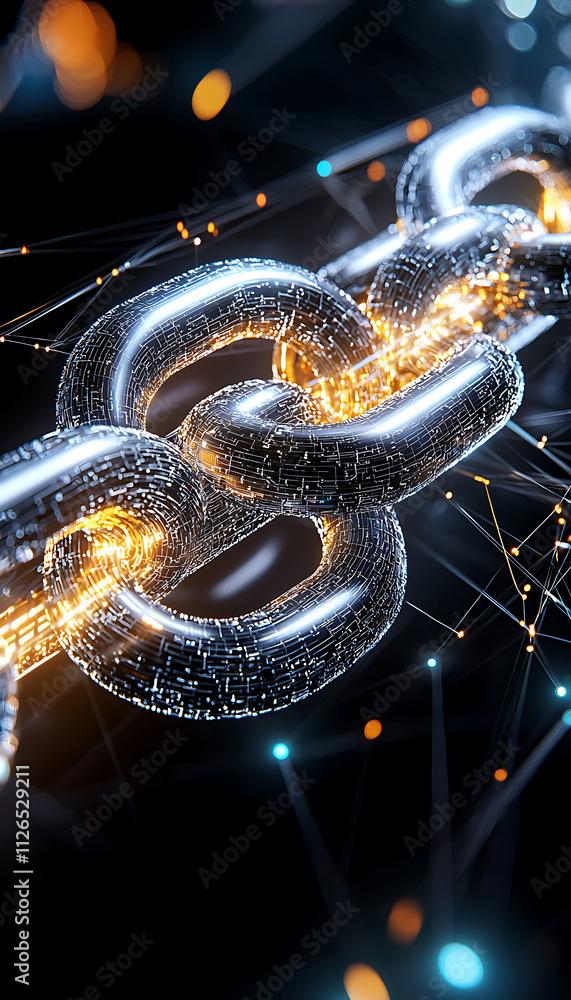 Poster dynamic blockchain chain links digital space technology visuals futuristic environment close-up pers