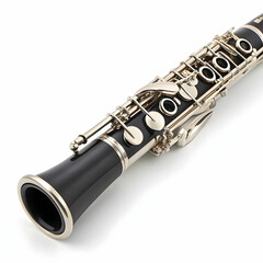 Naklejka premium A silver clarinet with a black mouthpiece and intricate keywork
