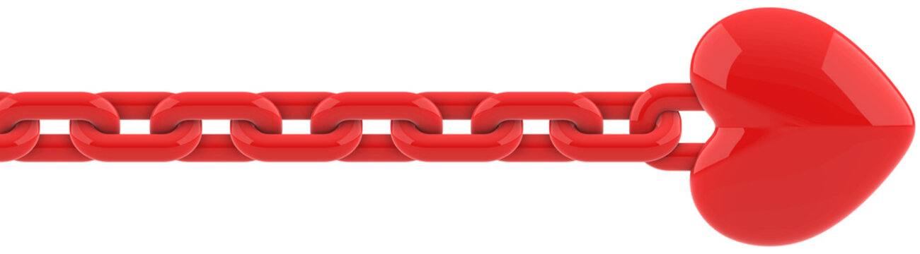 A red chain with a heart in the middle. The chain is broken, but the heart is still visible