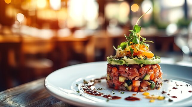 Gourmet salmon tartare with avocado, vegetables, and microgreens, artfully plated on a white plate in a restaurant setting.