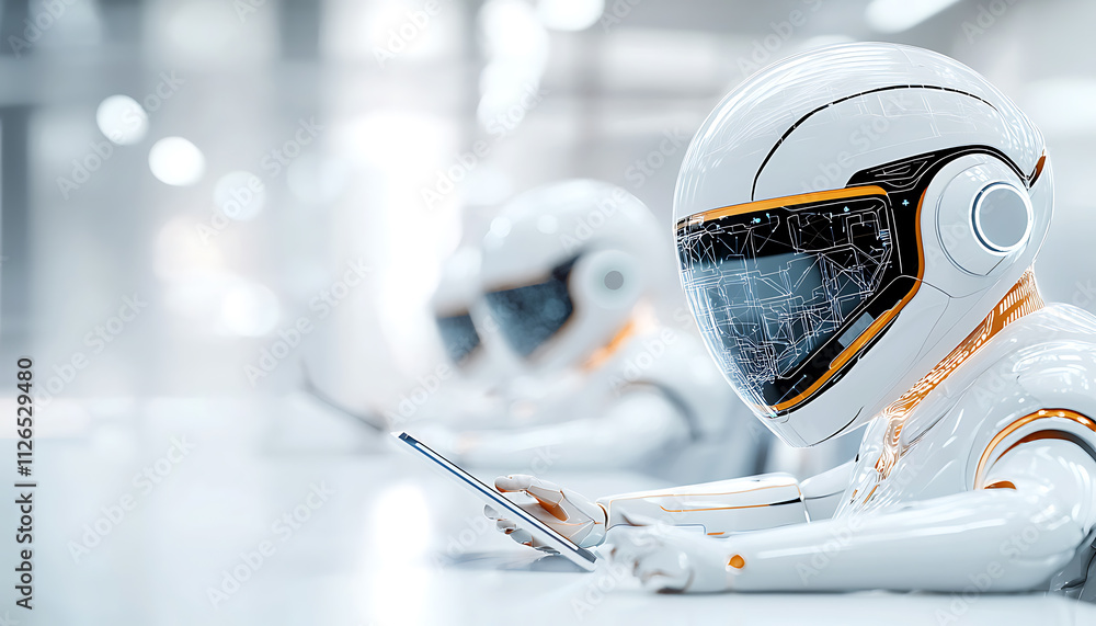 Poster futuristic robots analyzing data in high-tech laboratory science fiction modern environment close-up