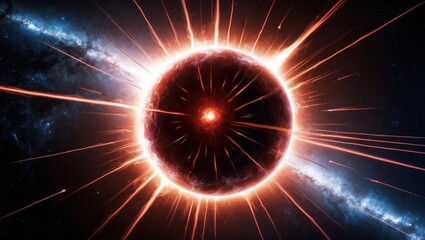 Fototapeta premium A stunning cosmic explosion with vibrant luminous rays emanating from a central sphere, set against the mesmerizing backdrop of a starry galaxy