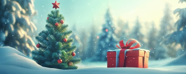 Christmas Tree and a Gift from Santa Claus. Holiday Background