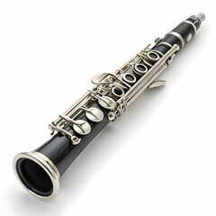 Fototapeta premium A silver clarinet with a black mouthpiece and intricate keywork