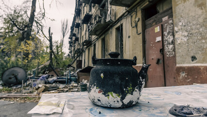 destroyed and burned houses in the city in Ukraine