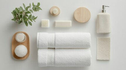 Obraz premium A top-down view of folded towels, soap dispensers, and a plant arranged aesthetically on a clean white background