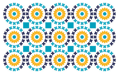 Abstract geometric pattern forms colorful decorative circles. Perfect for printing, design and textile as well as gift wrapping.