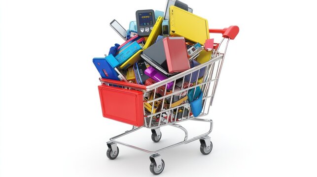 Overflowing shopping cart filled with stationery and electronics.