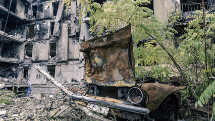 destroyed and burned houses in the city in Ukraine