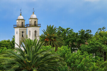 Bell towers of Basilica of the Holy Sacrament in Colonia del Sacramento, Uruguay
