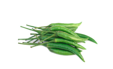 Green chillies isolated on white background. Concept, food ingredient for cooking. Spicy taste. Agriculture crops, organic vegetable has health benefits qualification.        