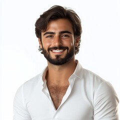 Obraz premium Smiling employee on white background, representing workplace happiness, career success, and professional growth.